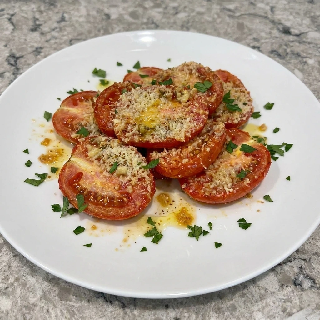 Single serving of Garlic Parmesan Roasted Tomatoes on white plate