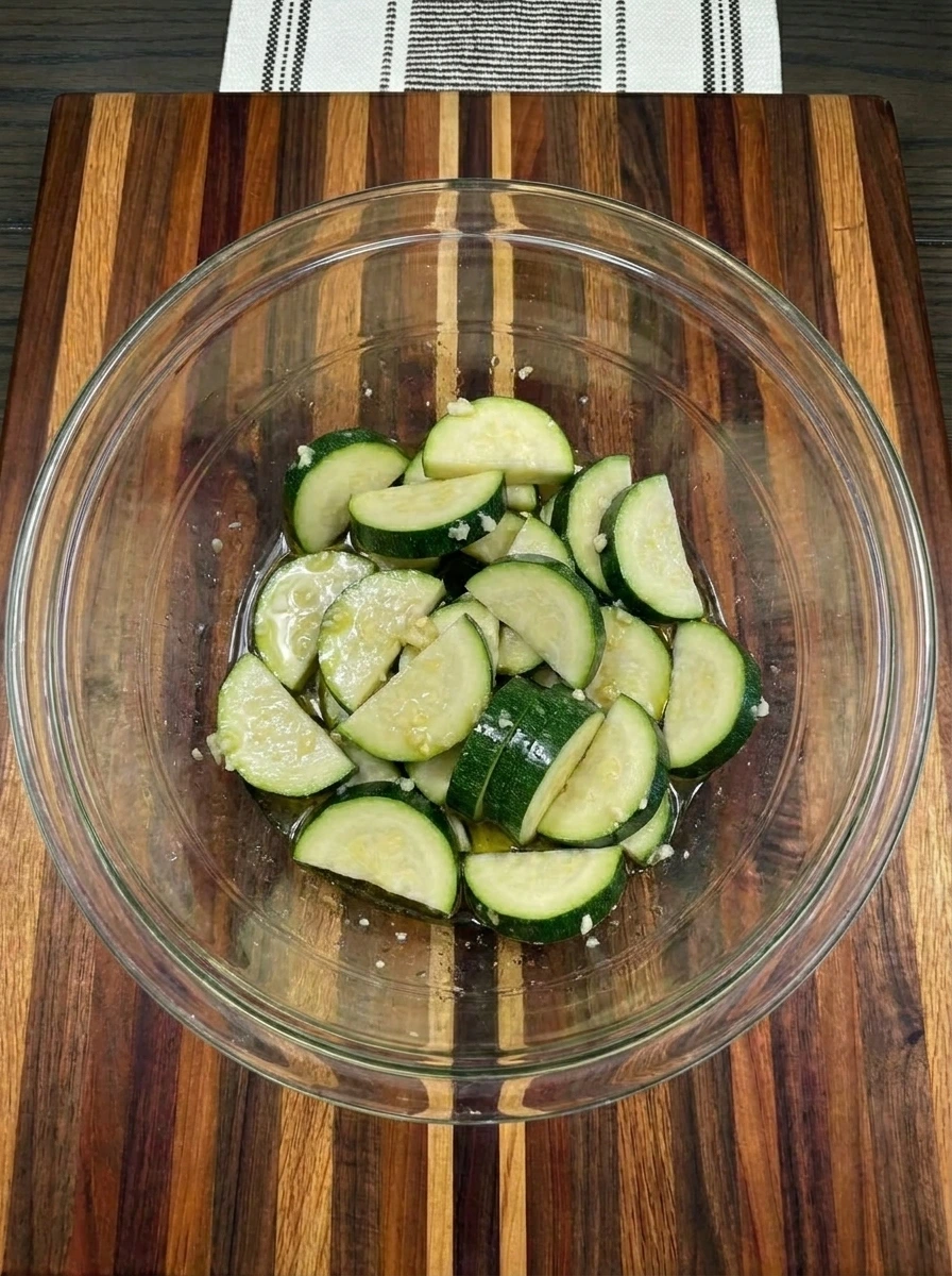 Zucchini coated with garlic oil for Garlic Parmesan Roasted Zucchini