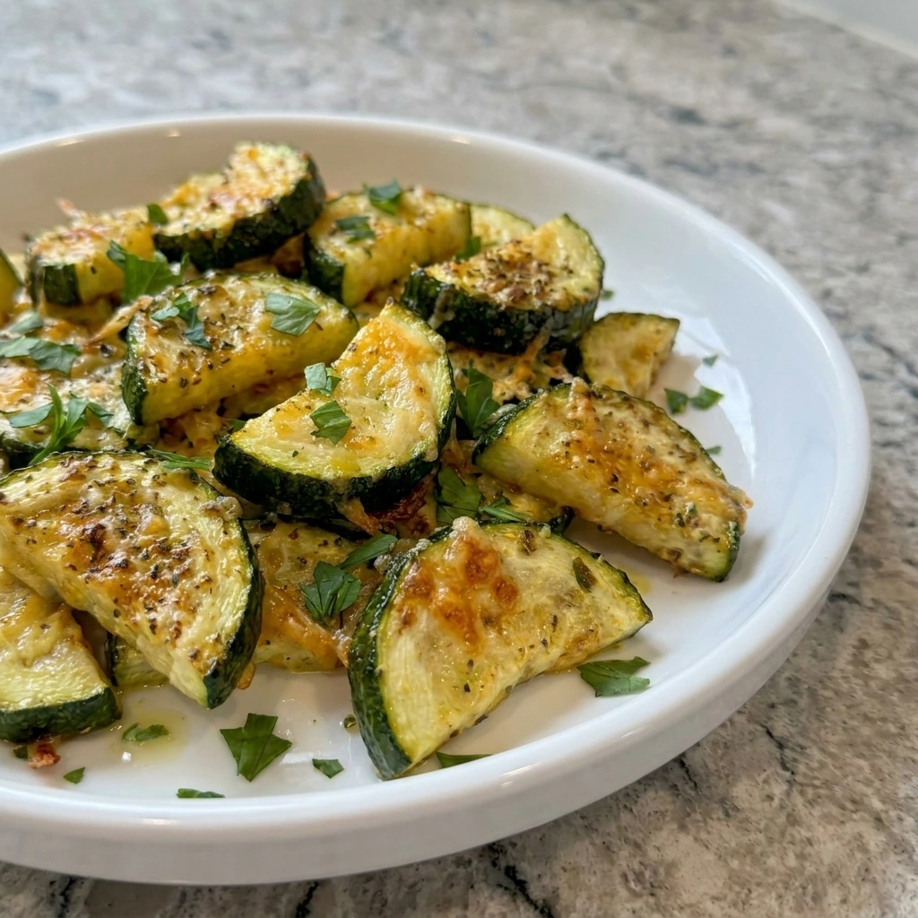 Garlic Parmesan Roasted Zucchini with golden cheese and browned edges