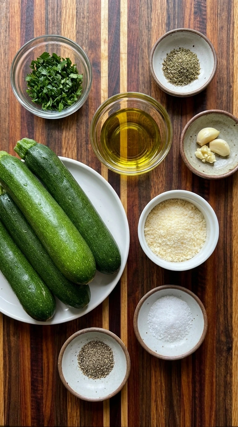 Ingredients for Garlic Parmesan Roasted Zucchini in separate small containers