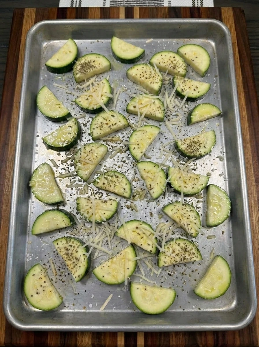 Parmesan scattered over zucchini on a sheet pan