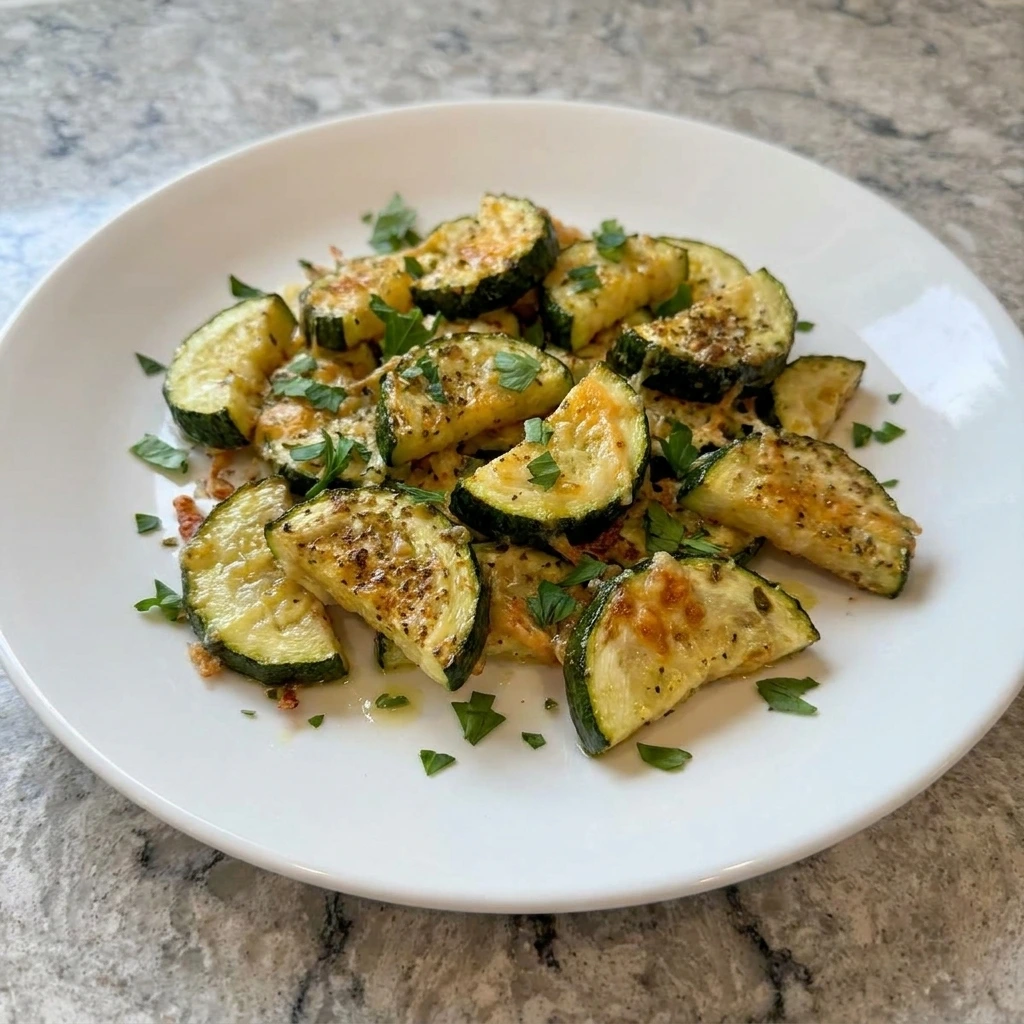 Single serving of Garlic Parmesan Roasted Zucchini on a white plate