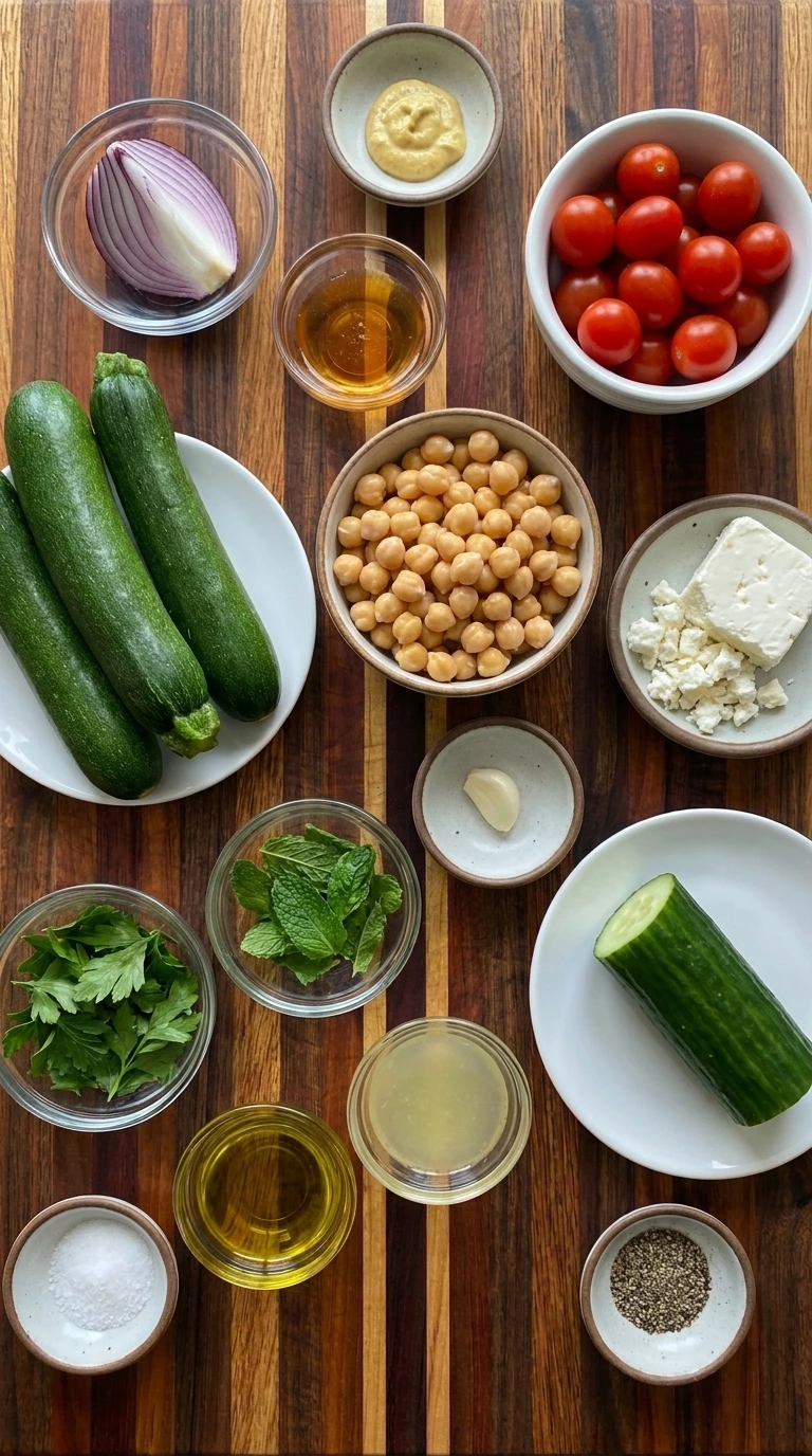 Ingredients for Grilled Zucchini Chickpea Salad in separate containers