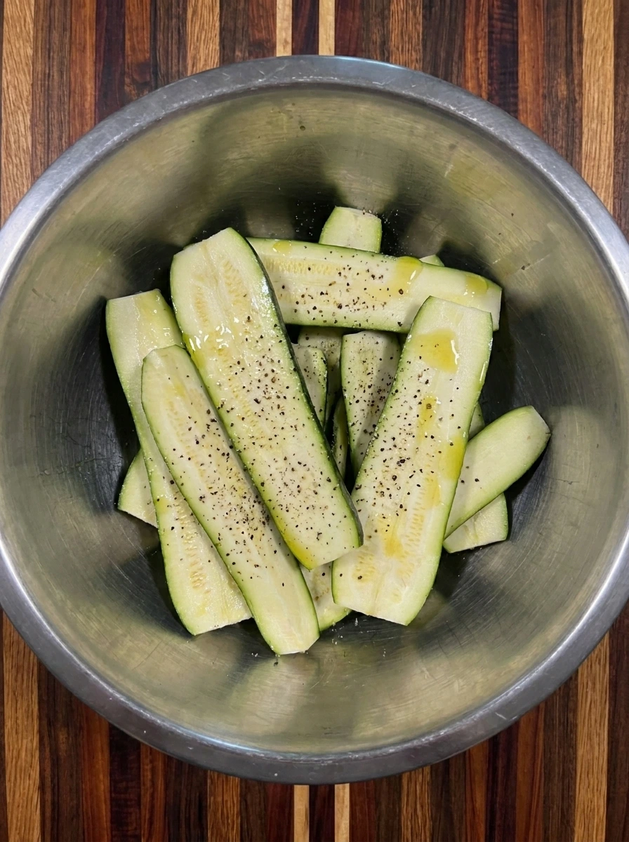 Zucchini strips seasoned for Grilled Zucchini Chickpea Salad