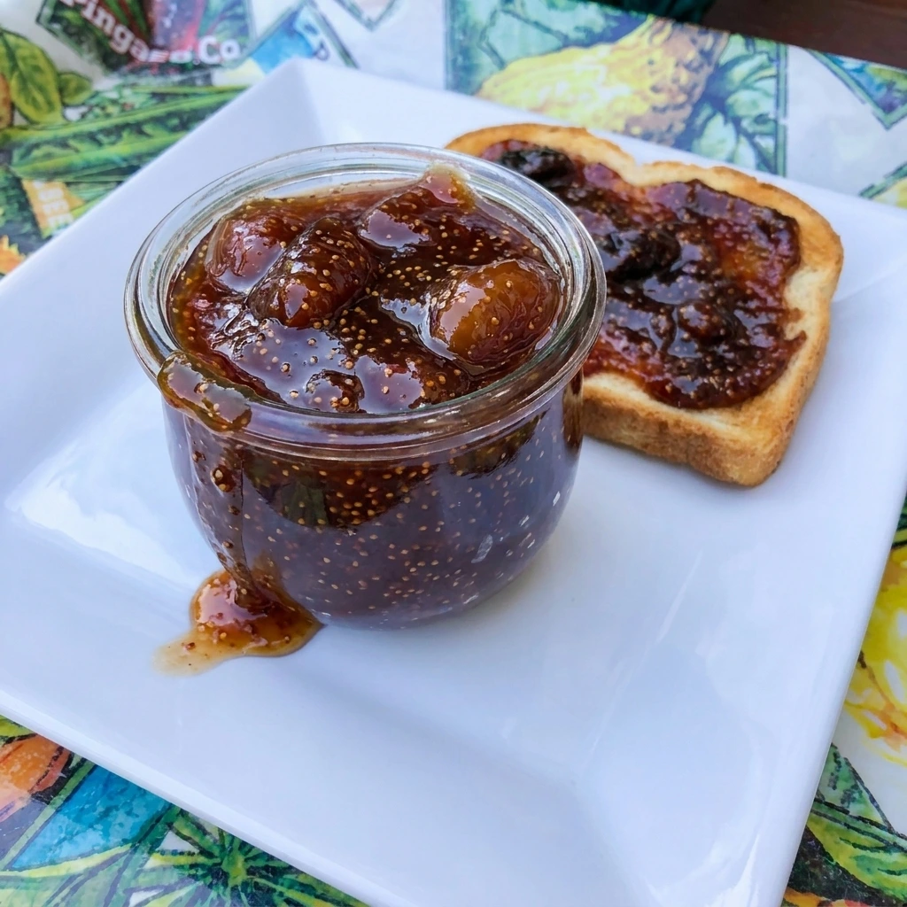 Homemade Fig Jam in a jar with glossy thick fig texture