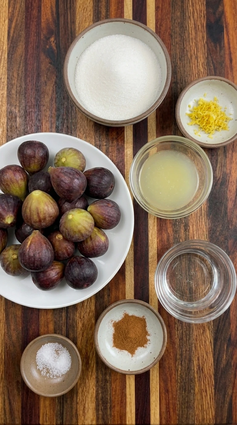Ingredients for Homemade Fig Jam in separate small containers