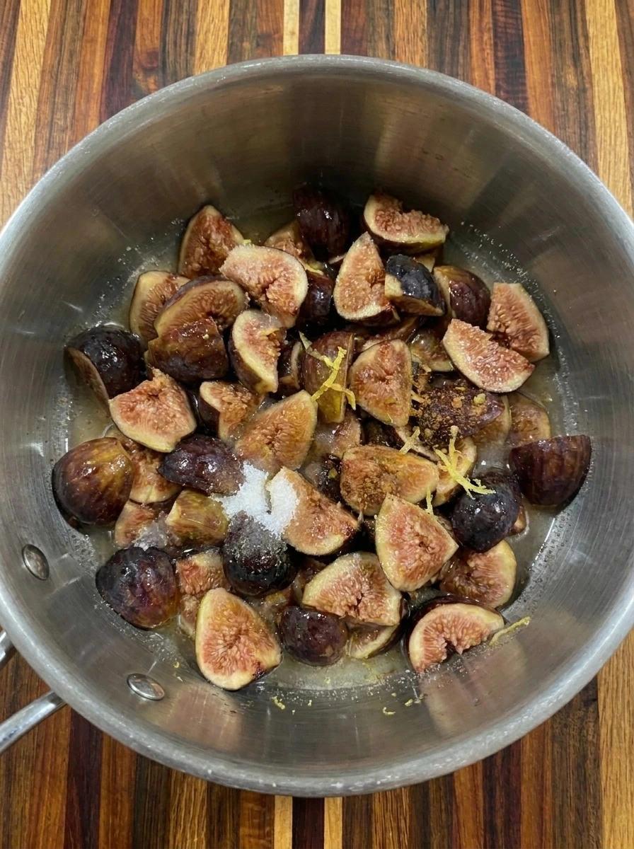 Figs mixed with sugar and lemon for Homemade Fig Jam