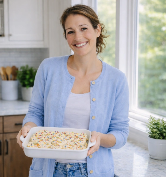 Laura, owner of Laura's Plate in a bright kitchen