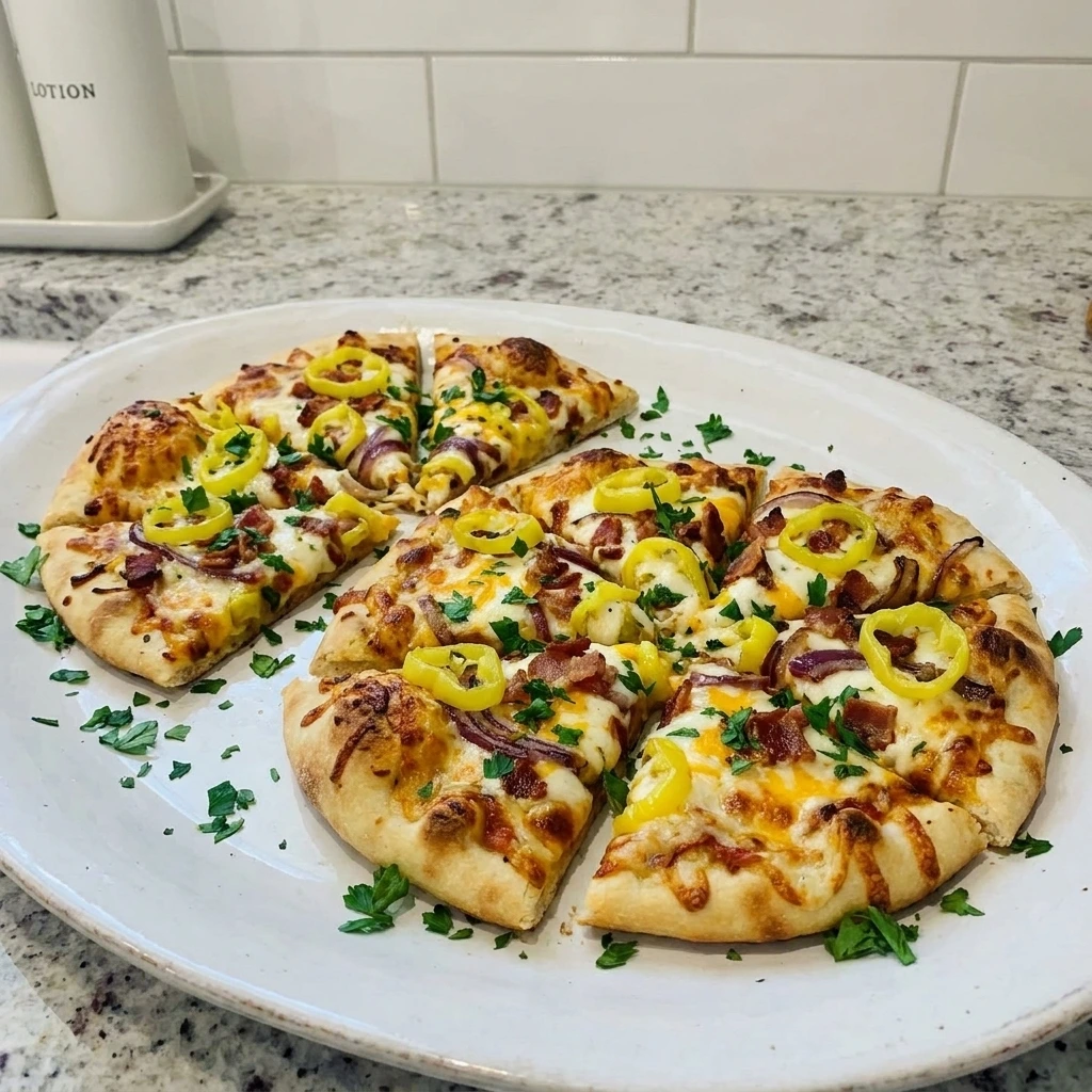 Loaded Banana Pepper Flatbread with melted cheese and banana peppers