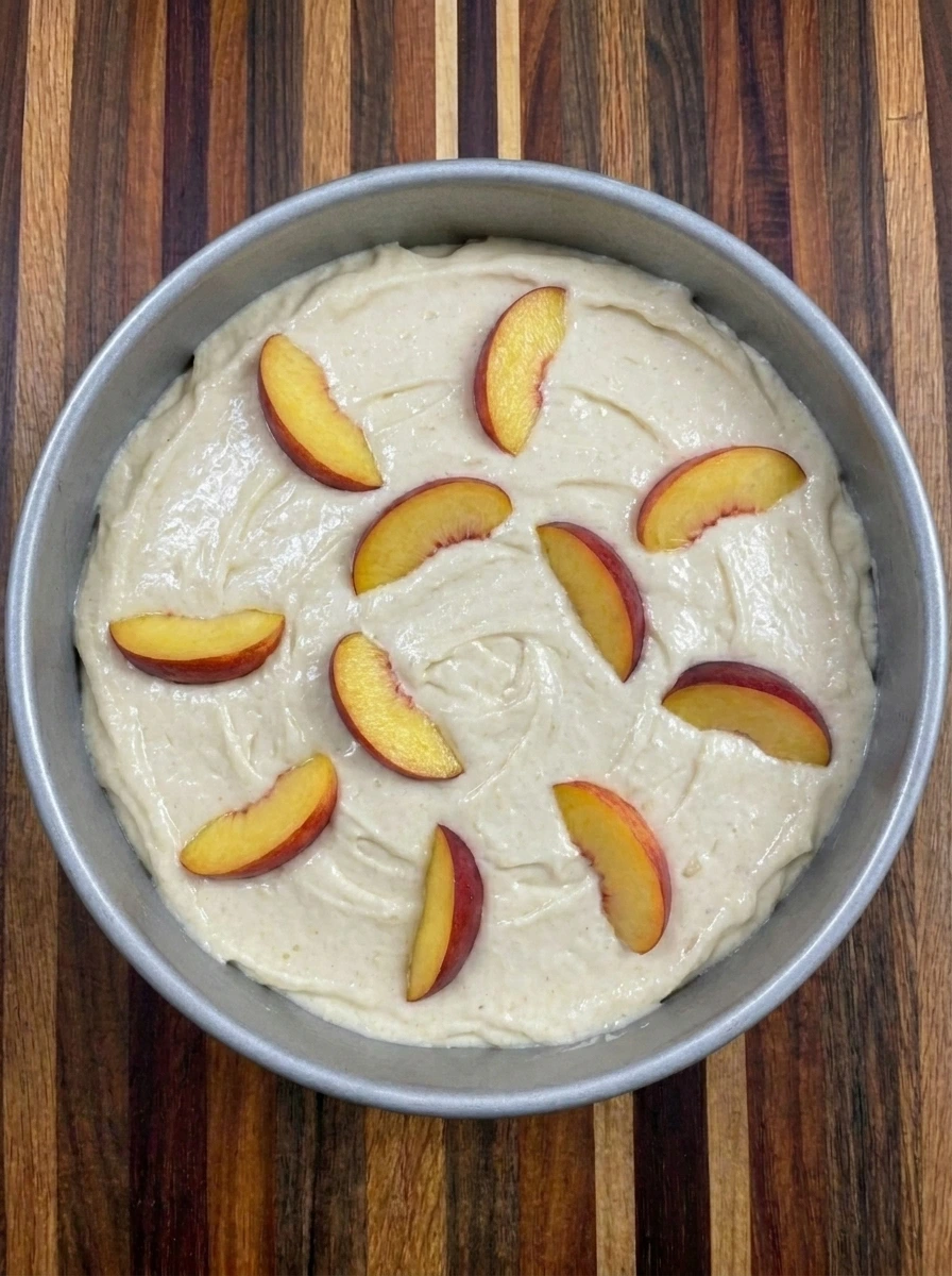 Nectarine slices scattered over coffee cake batter