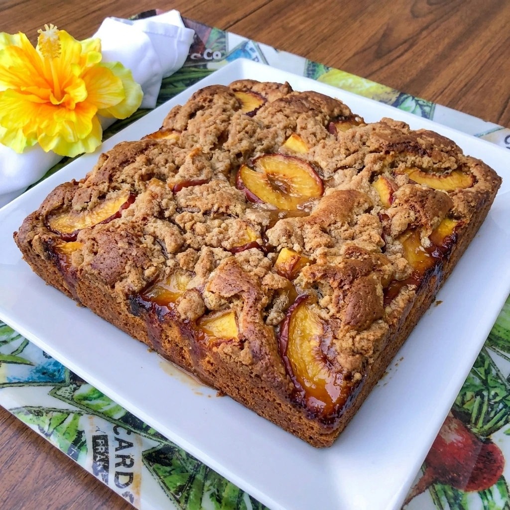 Nectarine Coffee Cake with golden crumb topping and juicy fruit slices