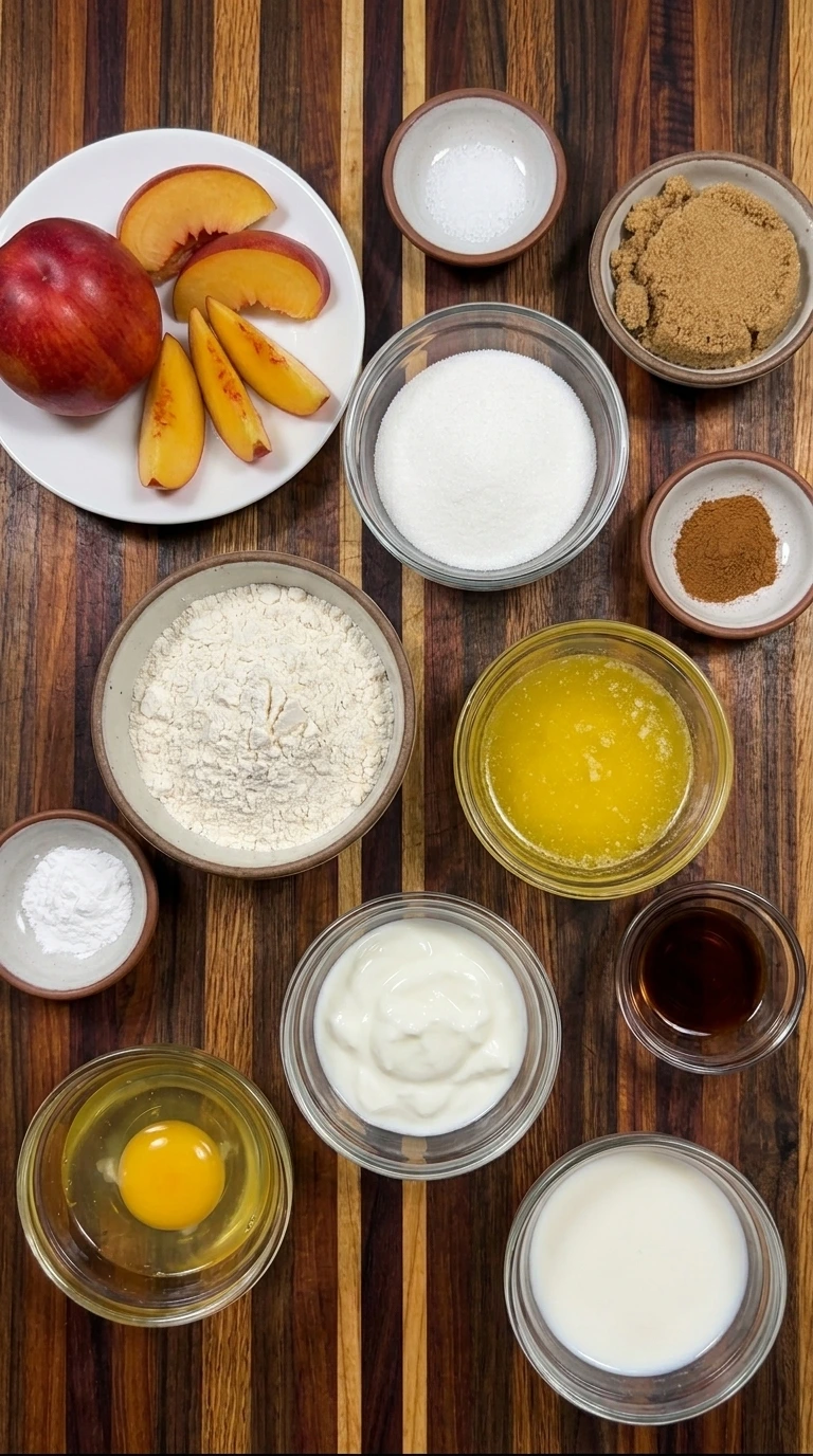 Ingredients for Nectarine Coffee Cake arranged in separate small containers