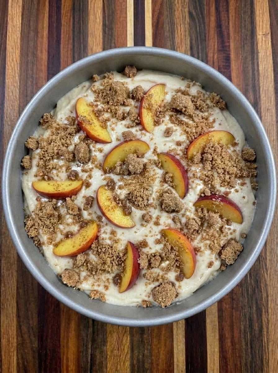 Cinnamon crumb topping scattered over Nectarine Coffee Cake