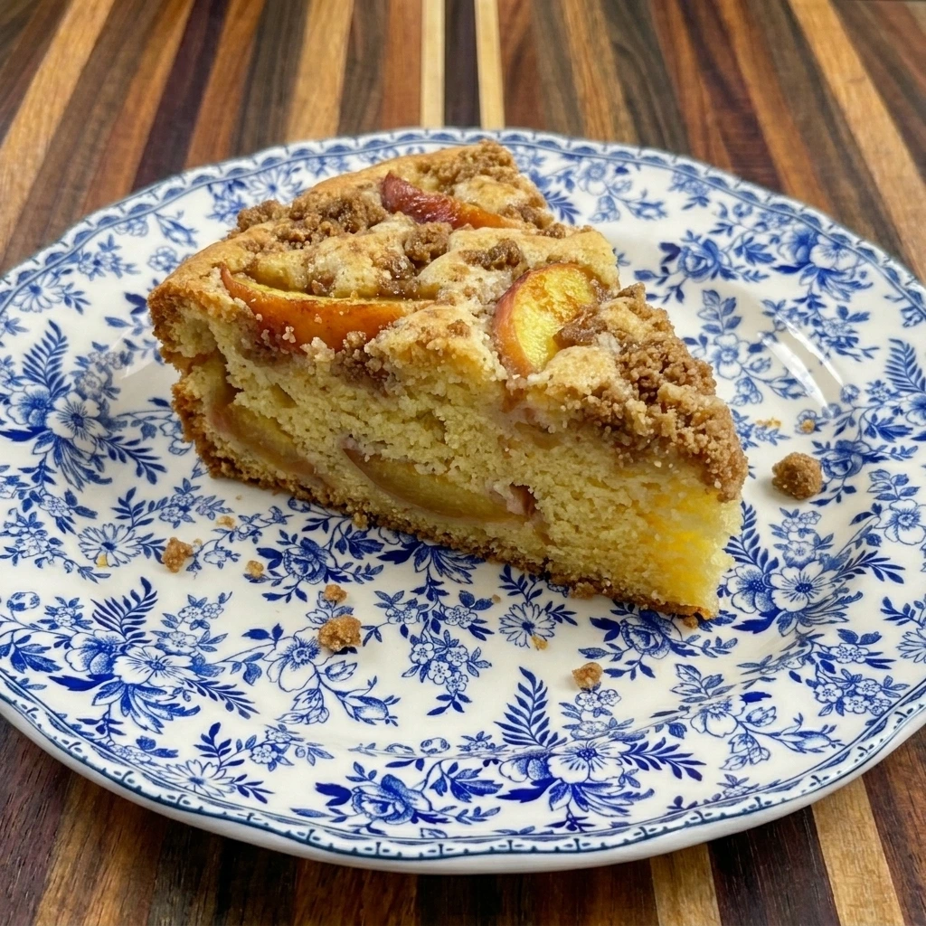 Slice of Nectarine Coffee Cake served on a white plate