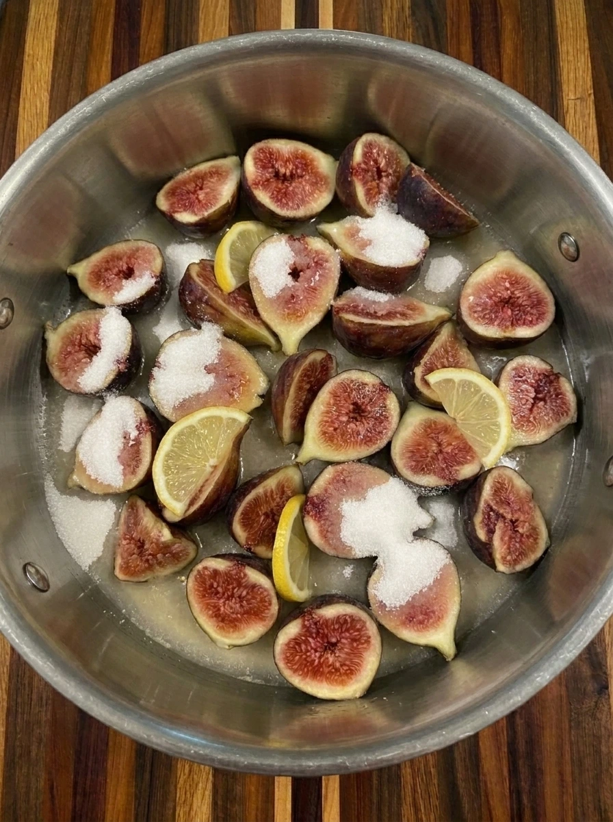 Figs coated with sugar lemon juice and lemon slices for preserves