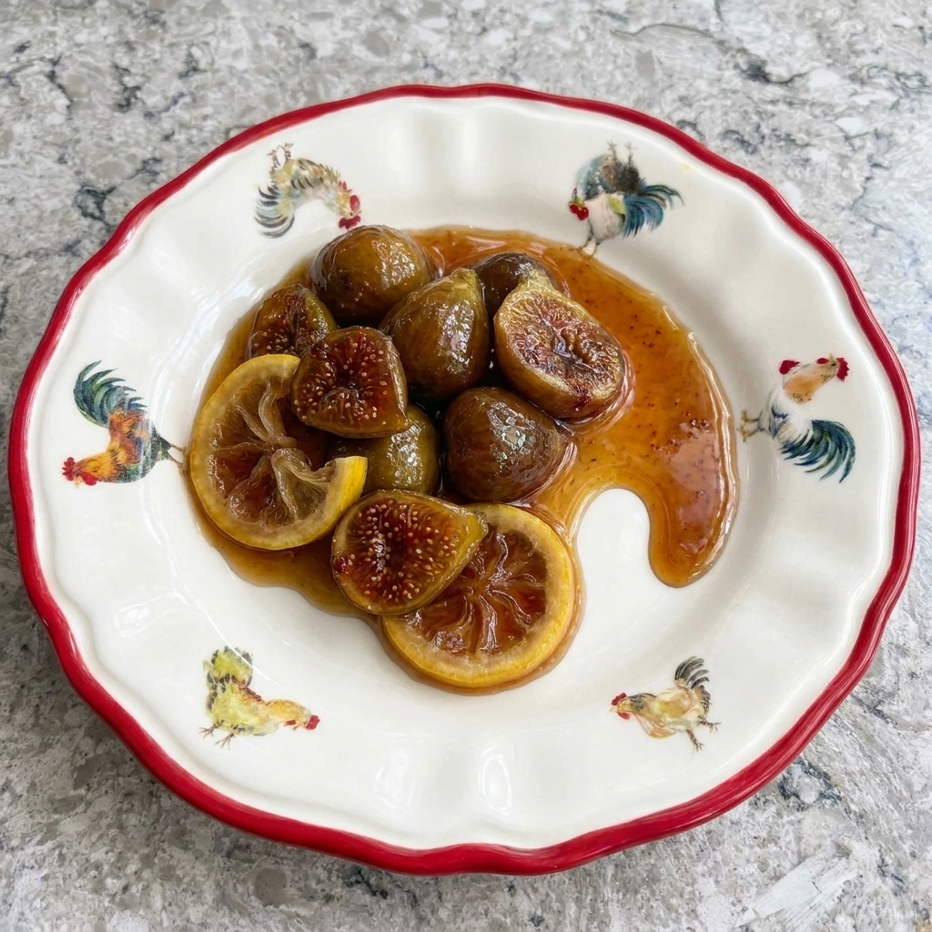 Old Fashioned Fig Preserves with glossy figs and lemon slices in thick syrup