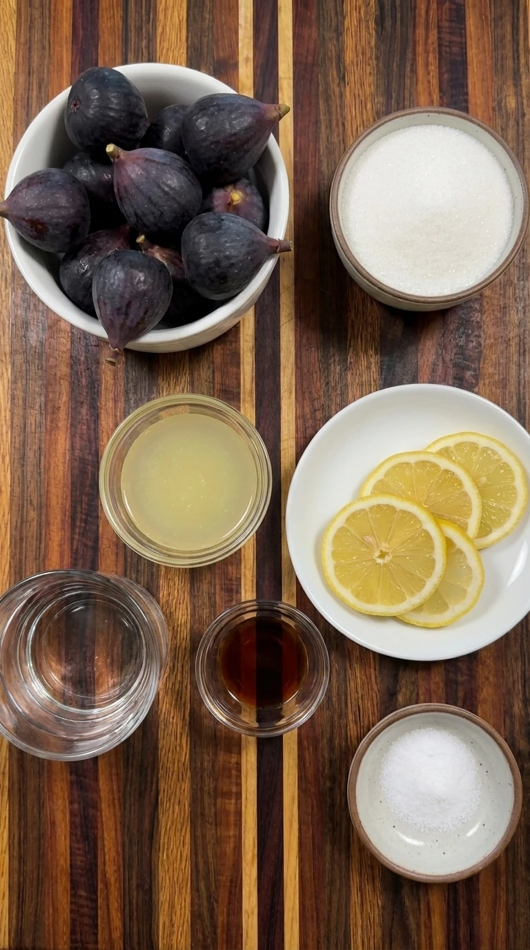 Ingredients for Old Fashioned Fig Preserves in separate small containers