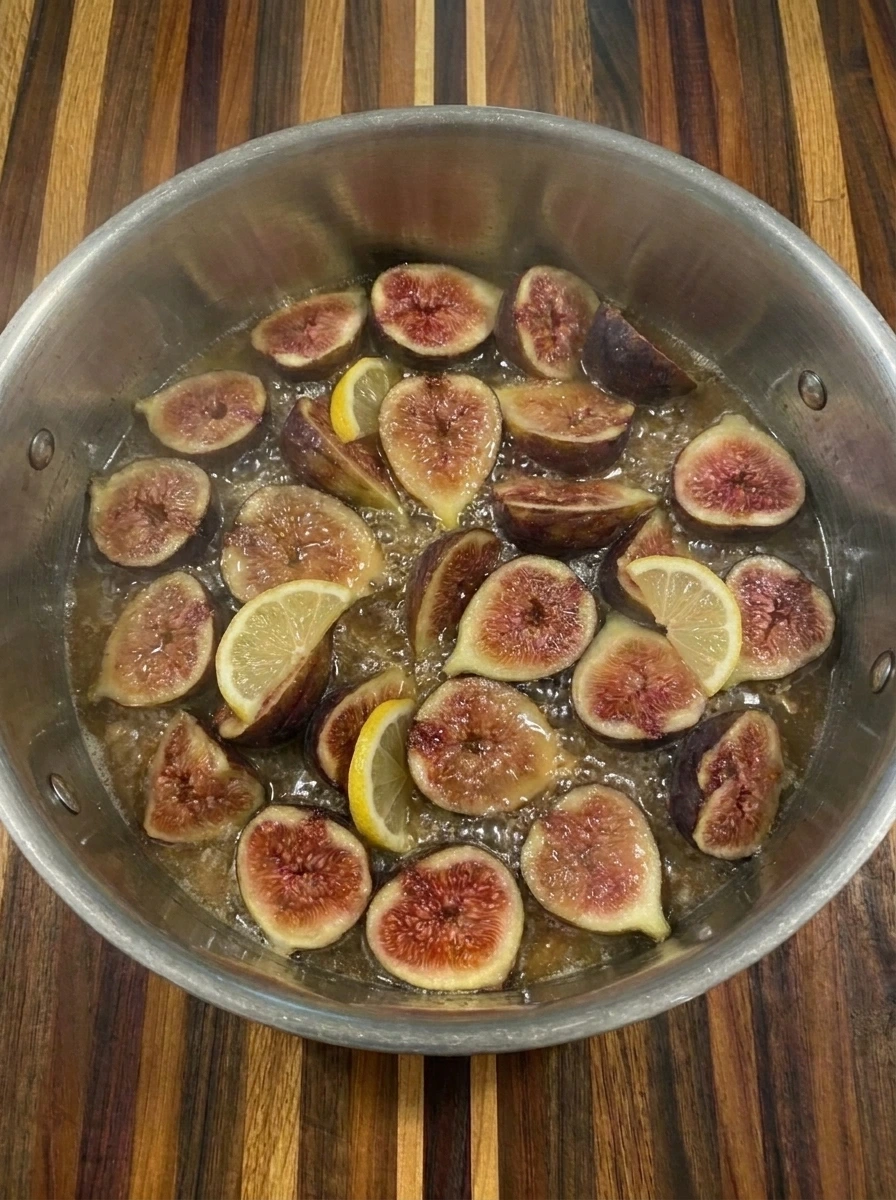 Old Fashioned Fig Preserves simmering in thick amber syrup