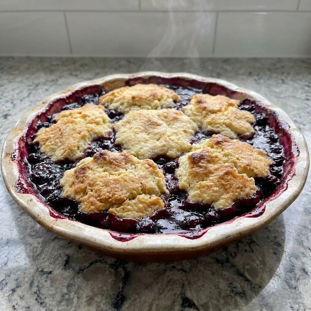 Old Fashioned Huckleberry Cobbler with bubbling huckleberry filling and golden topping