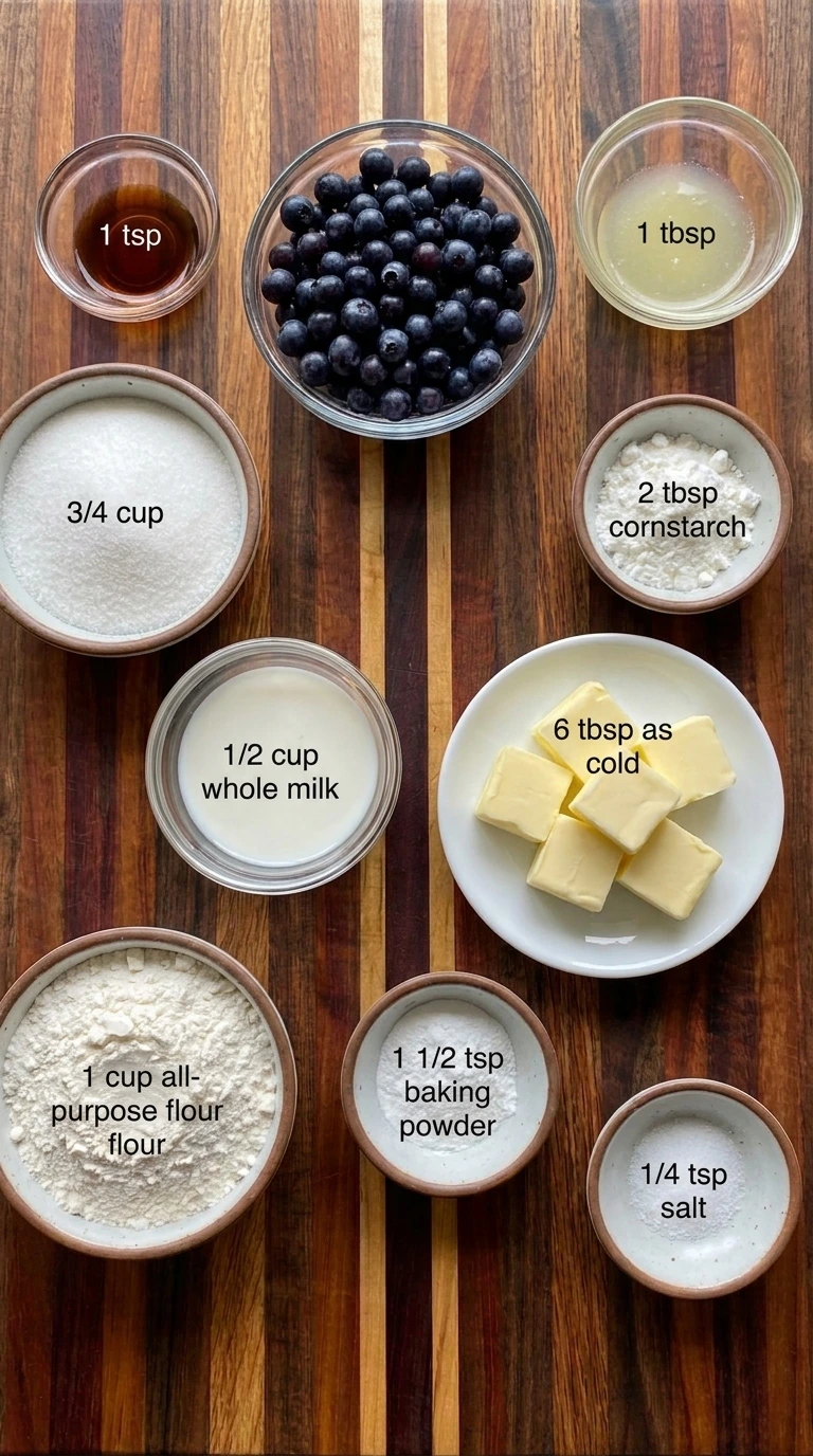 Ingredients for Old Fashioned Huckleberry Cobbler arranged in separate containers
