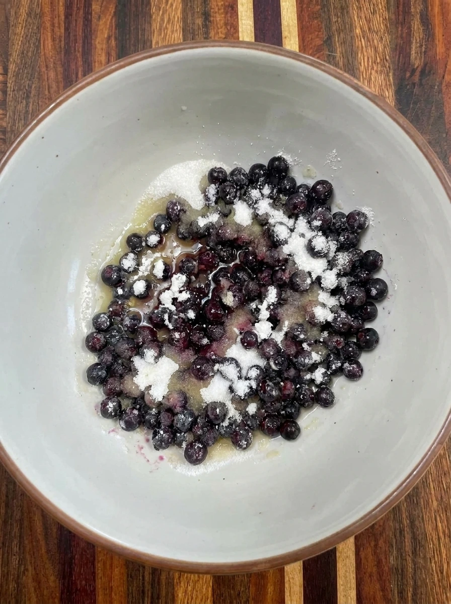Huckleberries tossed with sugar and cornstarch for Old Fashioned Huckleberry Cobbler