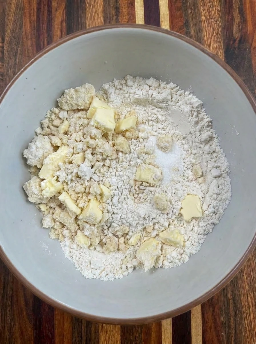 Butter cut into flour mixture for Old Fashioned Huckleberry Cobbler topping