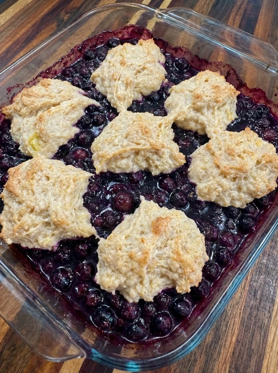 Baked Old Fashioned Huckleberry Cobbler bubbling with golden topping
