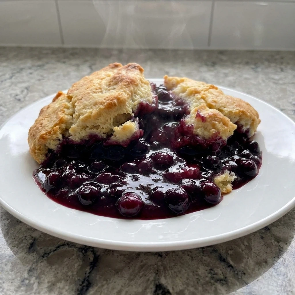 Warm serving of Old Fashioned Huckleberry Cobbler on a white plate