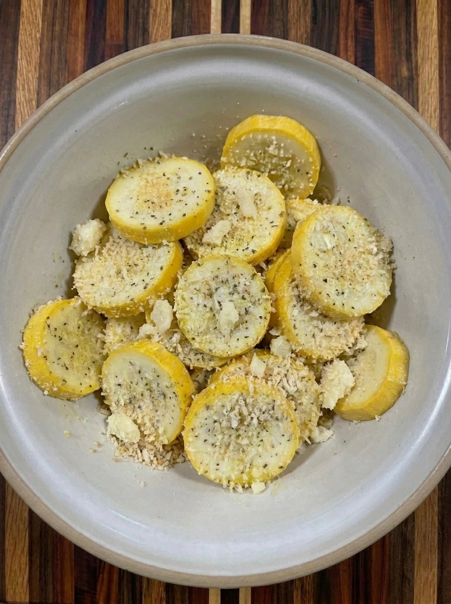 Patty pan squash coated with Parmesan and panko crumbs