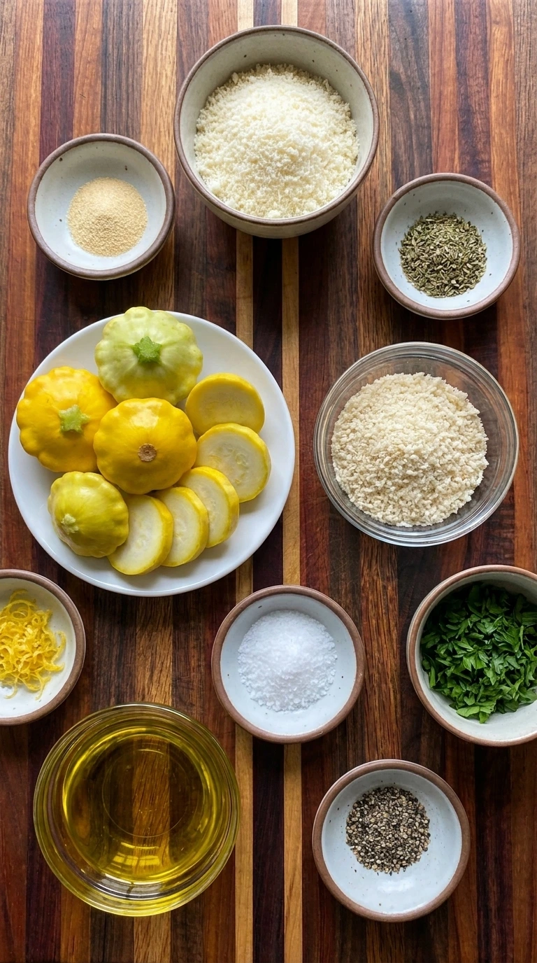 Ingredients for Parmesan Crusted Patty Pan Squash in separate small containers
