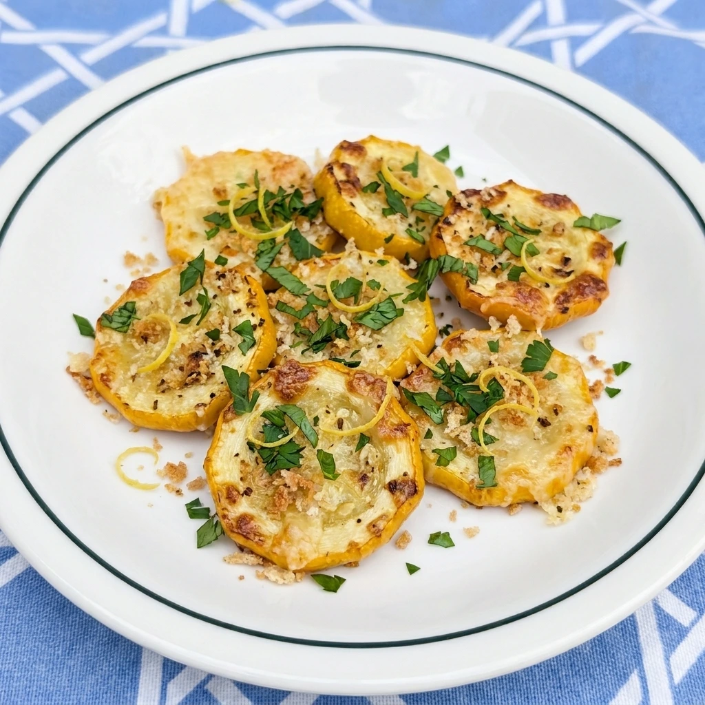Single portion of Parmesan Crusted Patty Pan Squash on a white plate