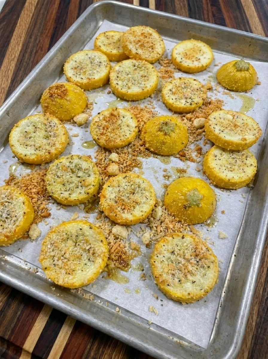 Roasted Parmesan Crusted Patty Pan Squash with golden crumb edges