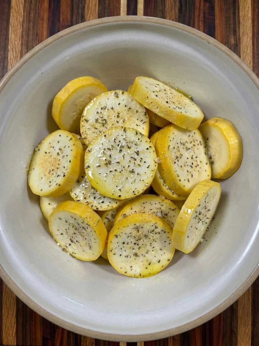 Patty pan squash tossed with oil and seasonings before Parmesan coating