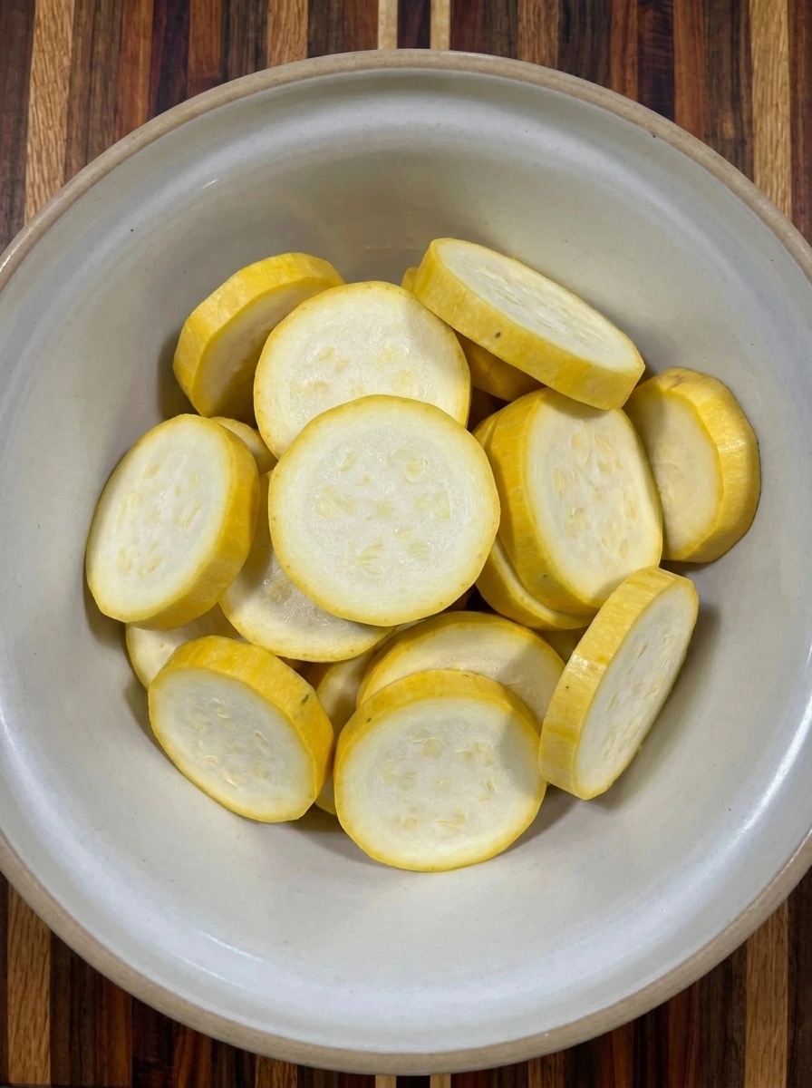 Sliced patty pan squash rounds in a bowl for Parmesan Crusted Patty Pan Squash