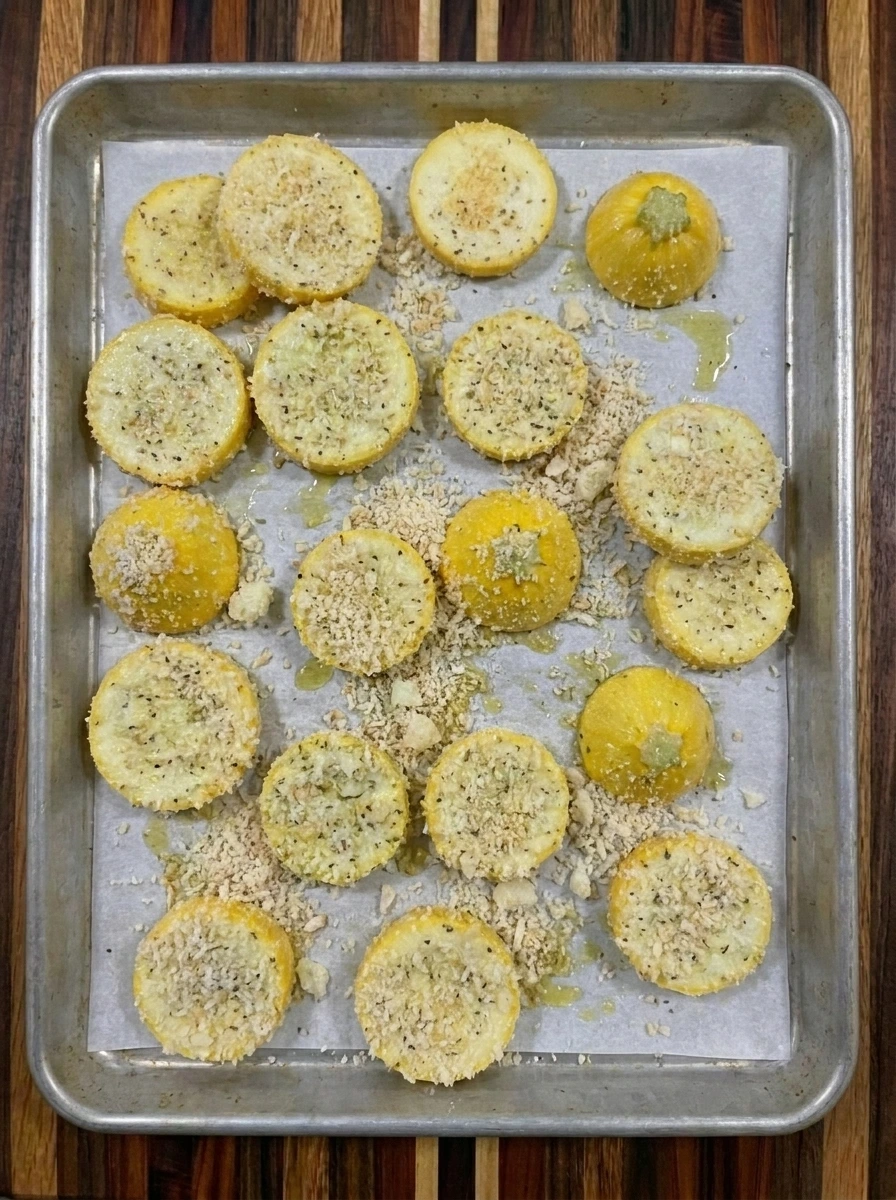 Coated patty pan squash spread on baking tray before roasting