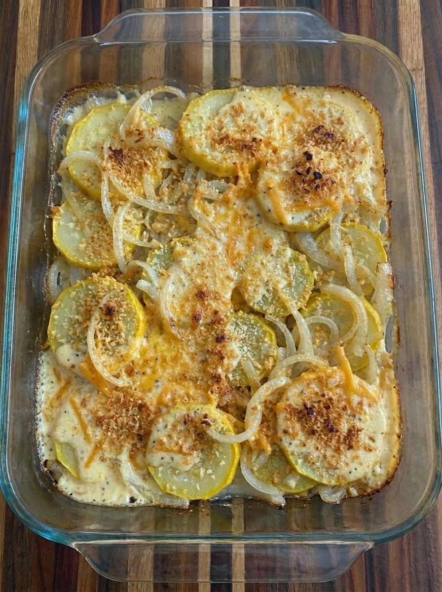 Baked Patty Pan Squash Casserole golden and bubbling