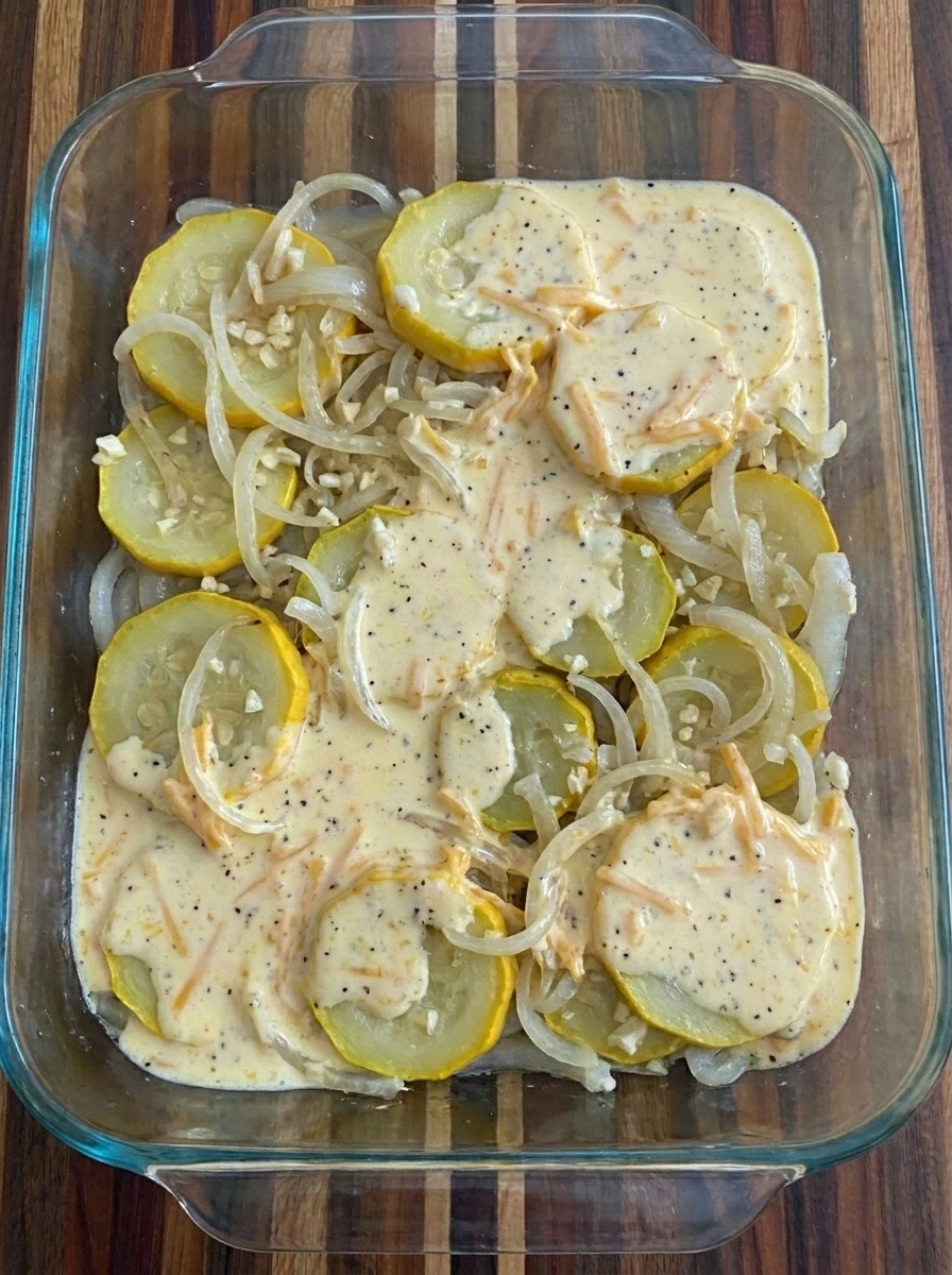 Patty pan squash layered with creamy filling in baking dish