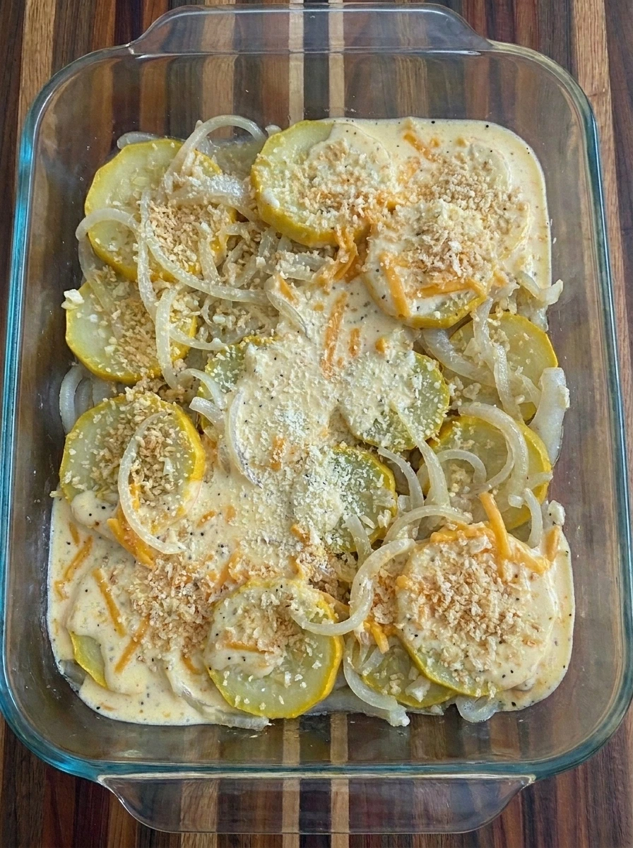 Cheesy panko topping scattered over Patty Pan Squash Casserole