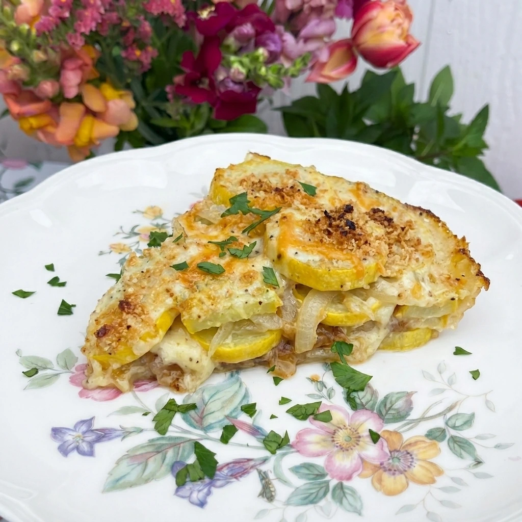 Single serving of Patty Pan Squash Casserole showing creamy layers