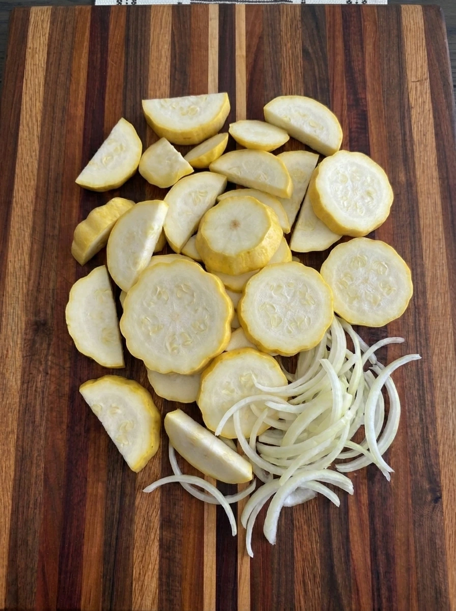 Sliced patty pan squash and onion for Patty Pan Squash Casserole