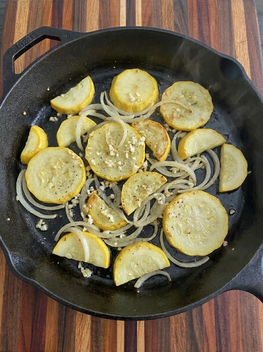 Patty pan squash and onion softened in skillet