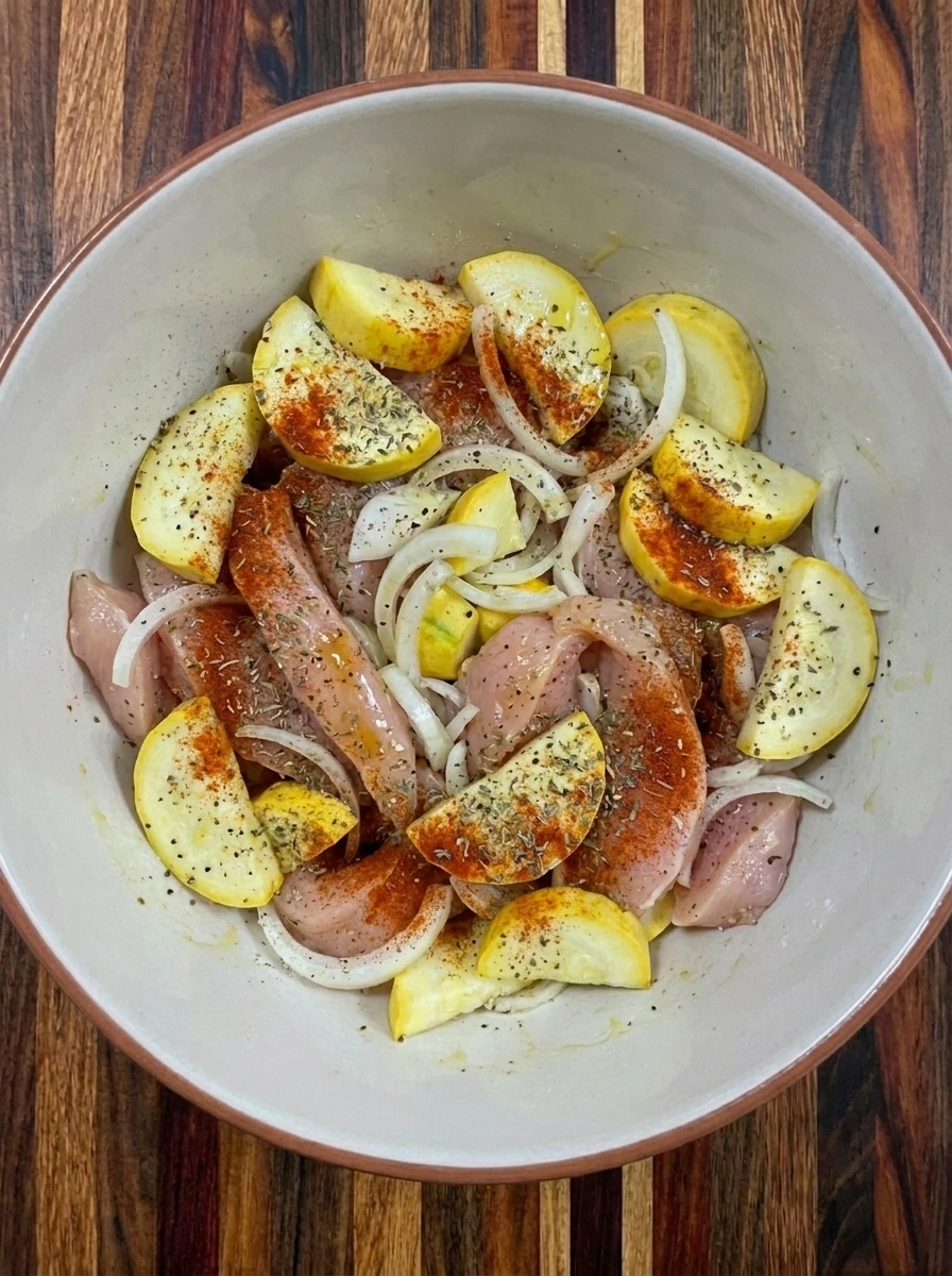 Chicken and patty pan squash coated with oil and seasoning