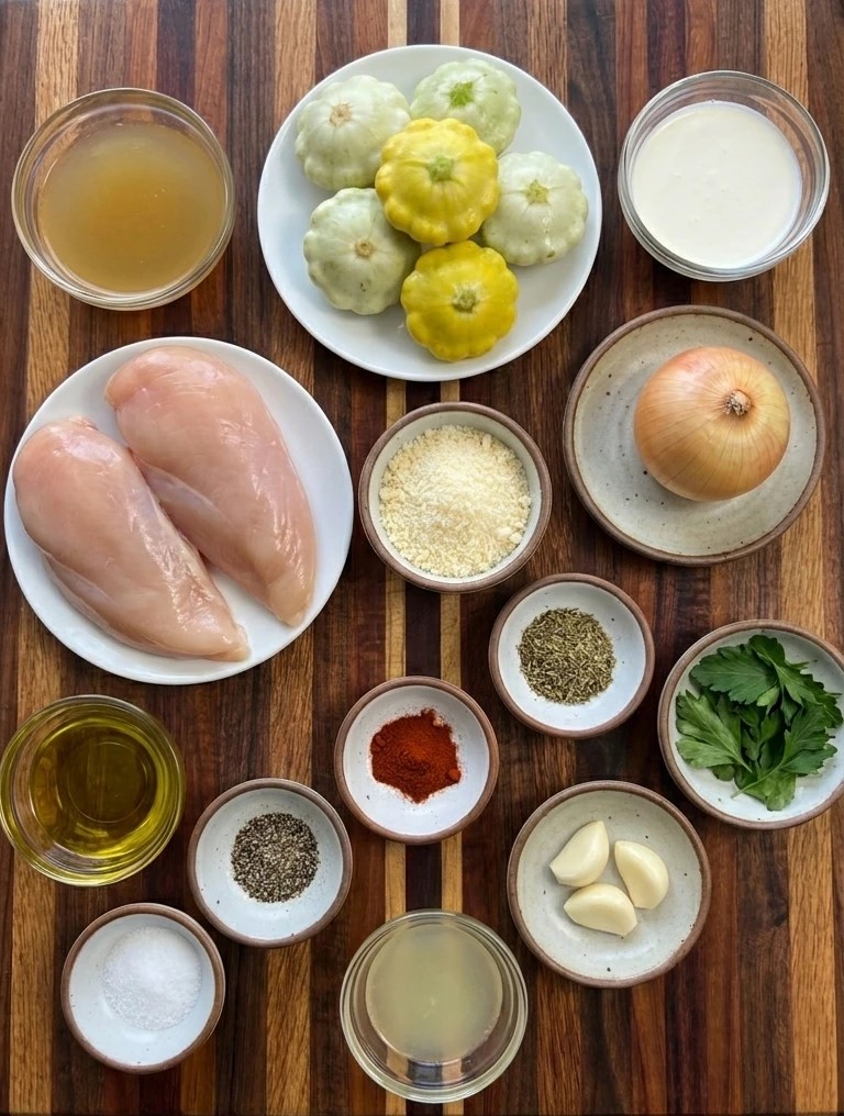 Ingredients for Patty Pan Squash Chicken Skillet in separate containers