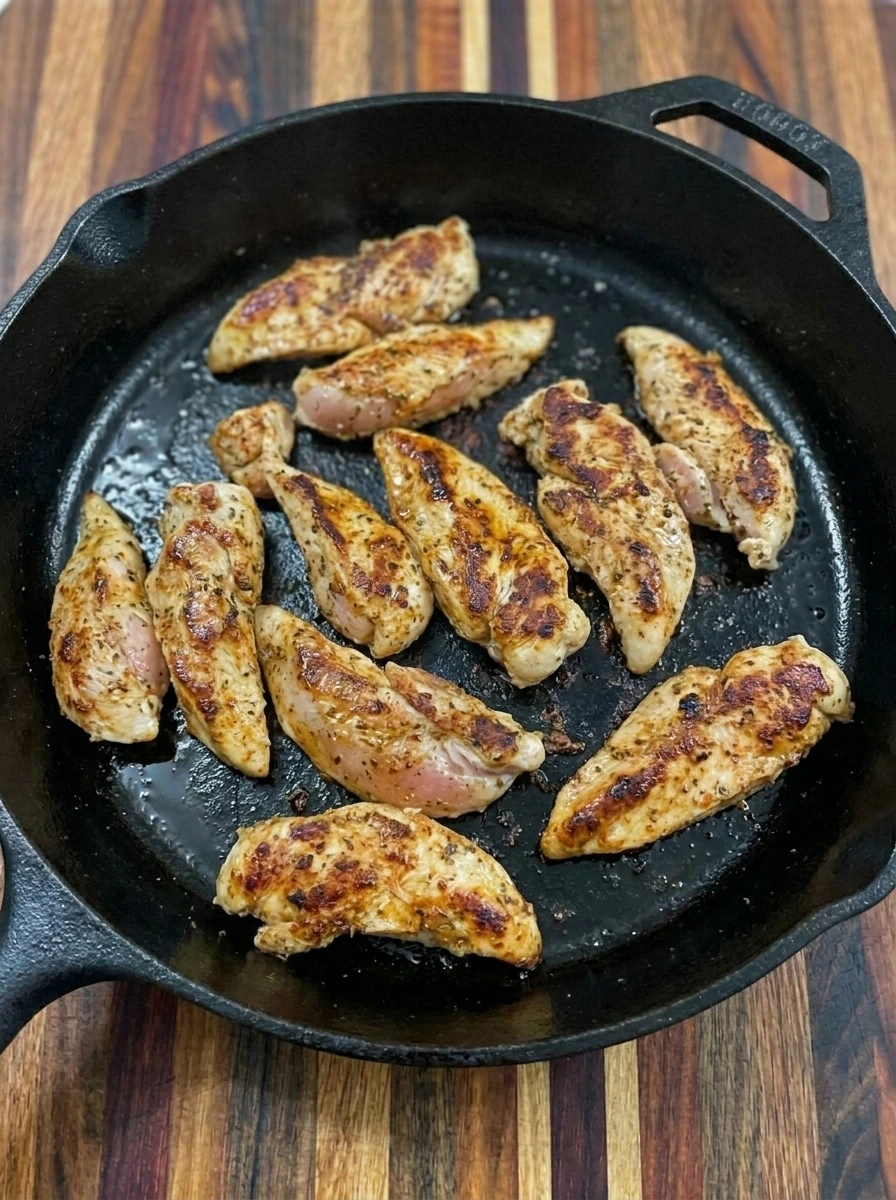 Chicken strips searing in a skillet with browned edges