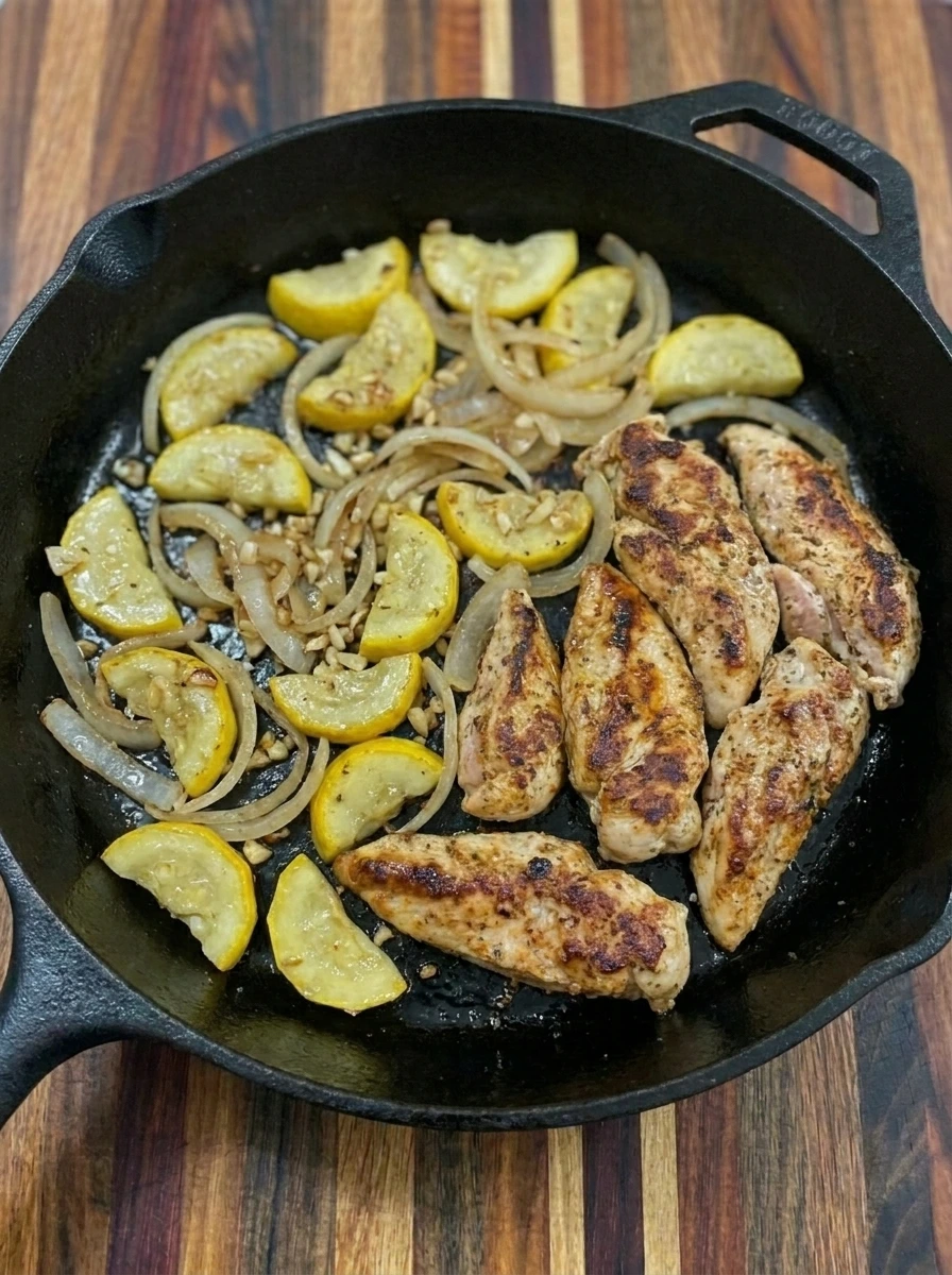 Patty pan squash and onion softening around chicken in skillet