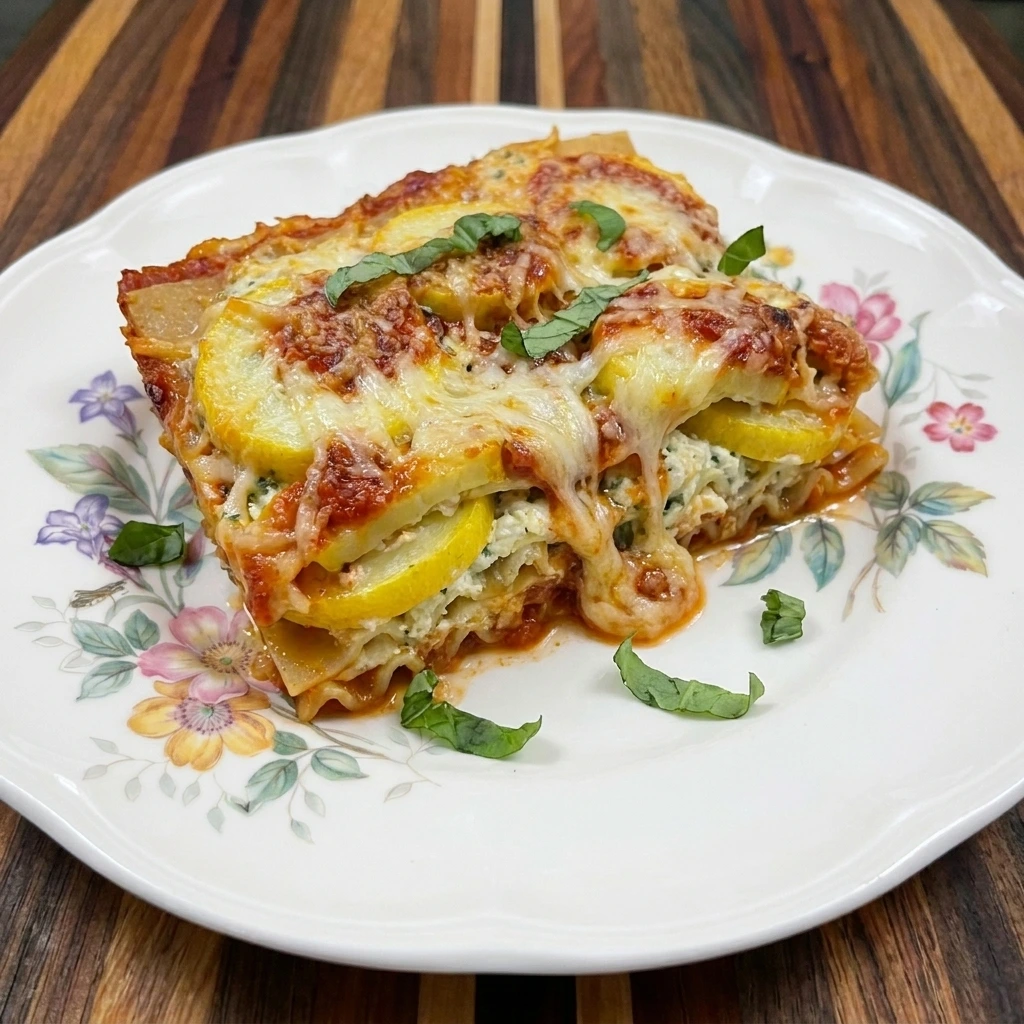 Served slice of Patty Pan Squash Lasagna Bake with visible layers