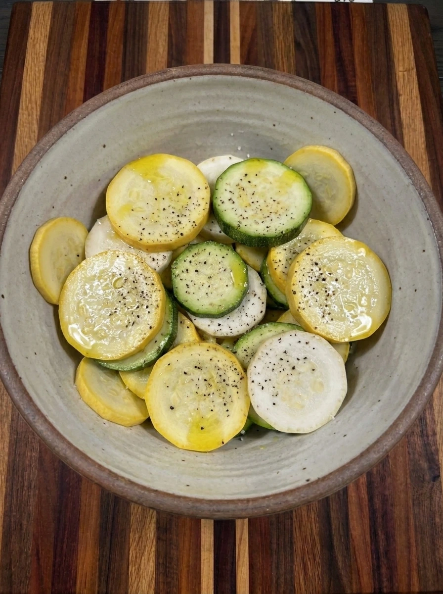 Sliced patty pan squash coated with olive oil for lasagna bake
