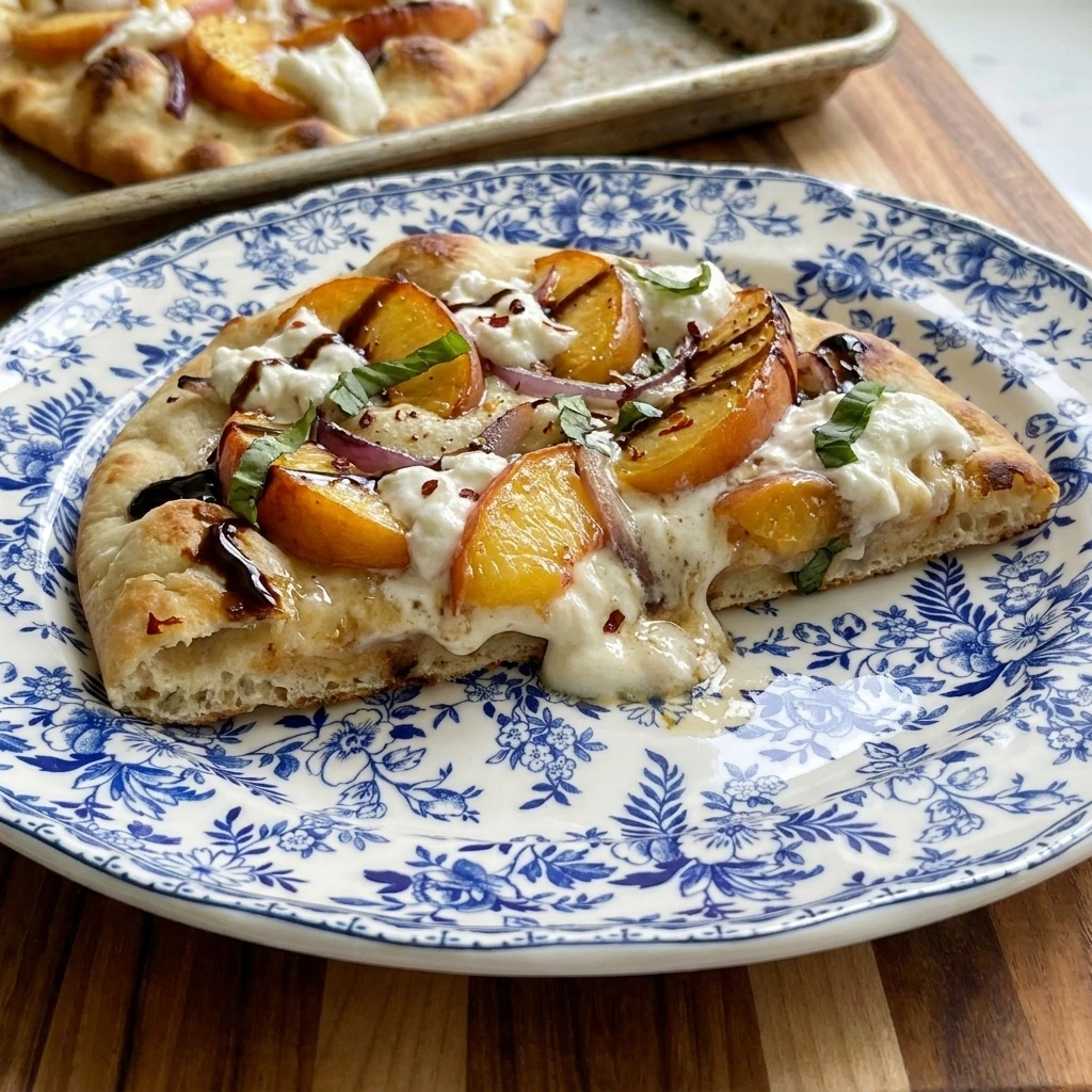 Finished slice of Peach Burrata Flatbread with basil and balsamic