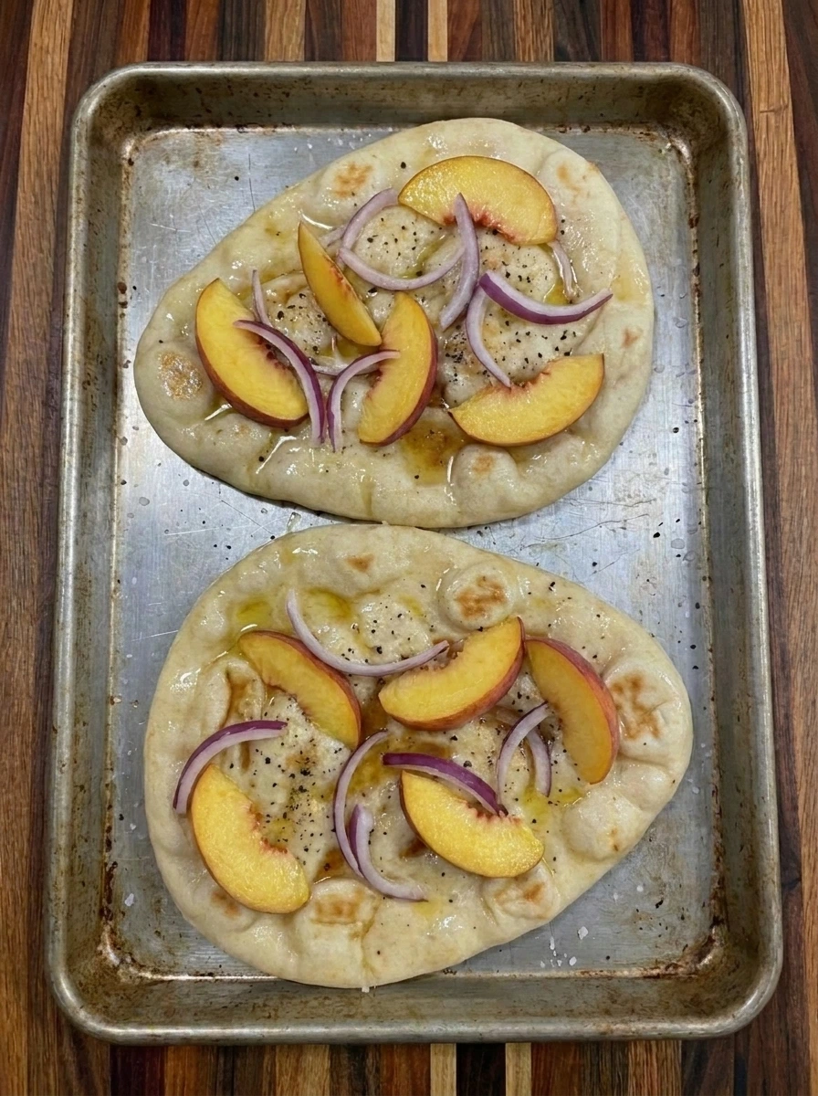Peaches and onion layered on flatbread before baking