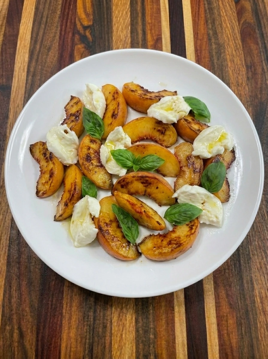 Layered Peach Caprese Salad with mozzarella and basil